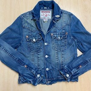 Vintage True Religion Woman’s Jeans Jacket Size Large Distressed Thick Denim